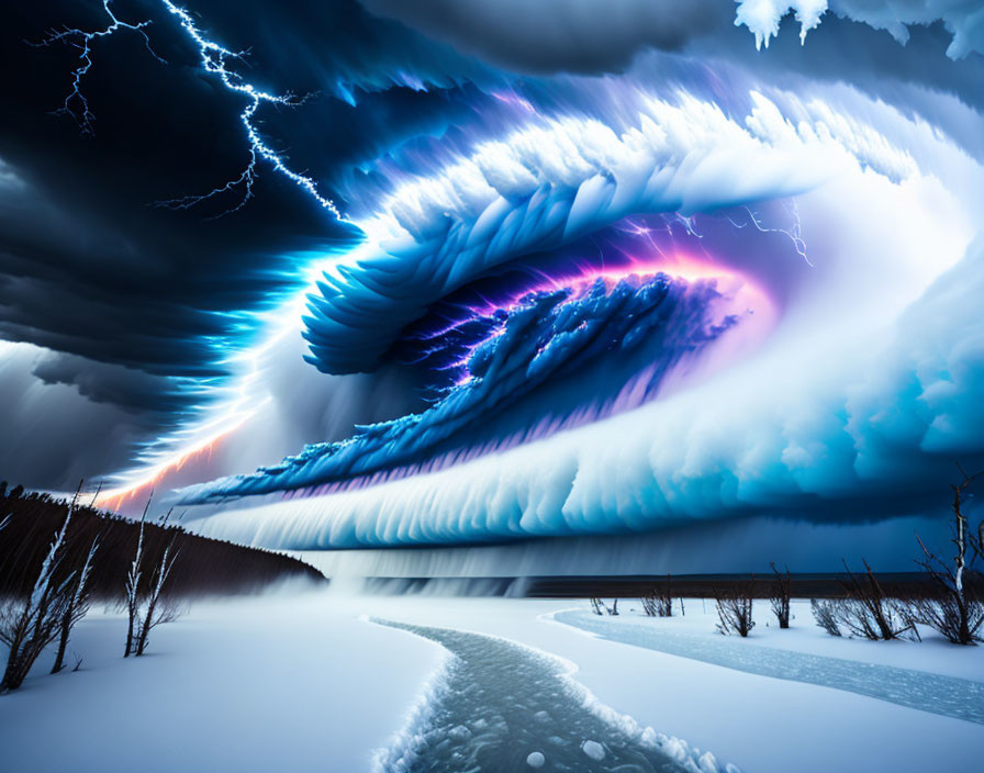 Swirling blue and white cloud formation over snowy landscape with lightning