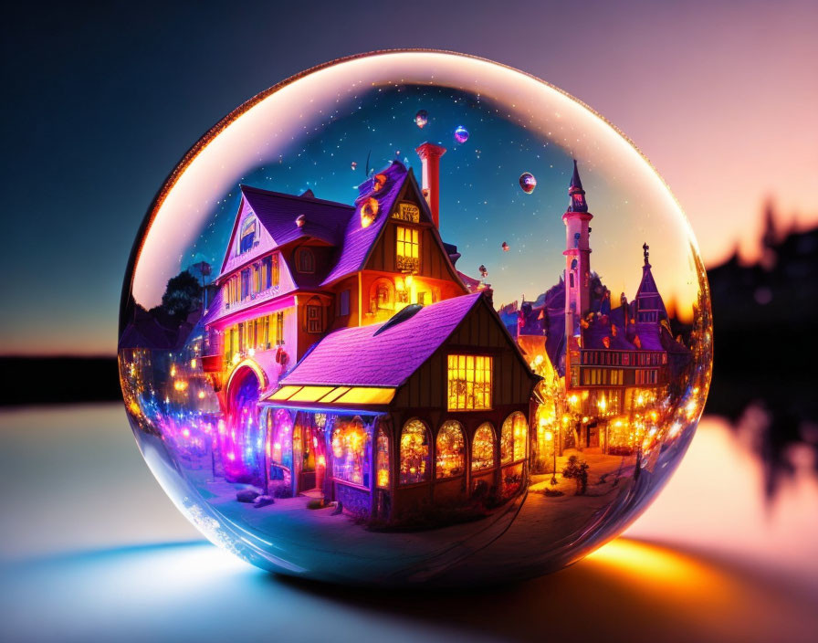 Fantasy village scene in illuminated bubble at twilight