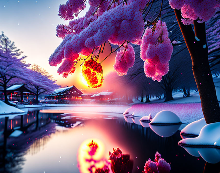 Tranquil winter sunset with cherry blossoms, river reflection, snow-covered lanterns, traditional building