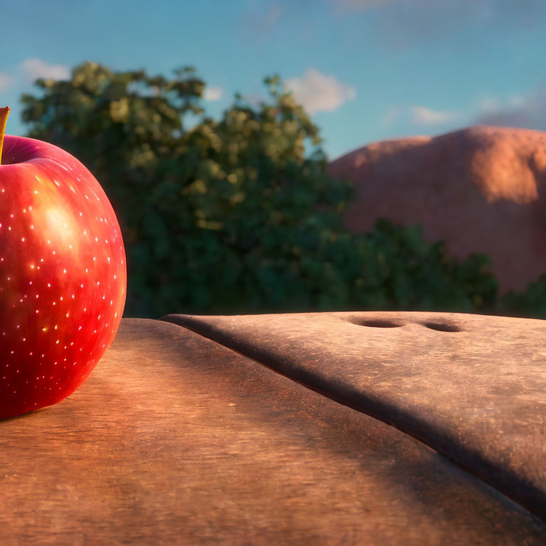 Red ripe apple on sunlit stone surface with blurred natural backdrop.