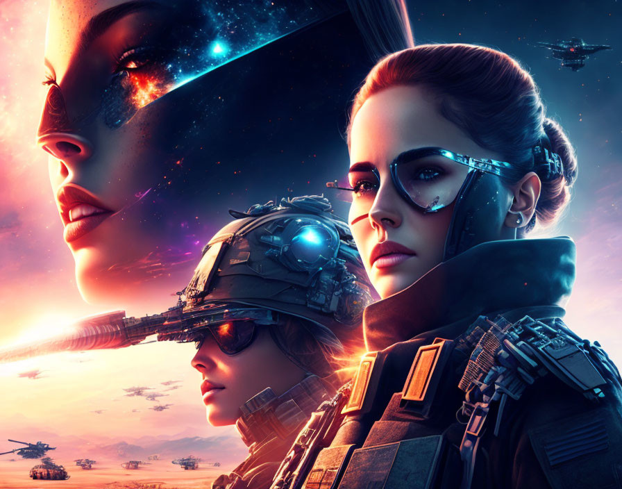 Futuristic digital artwork of two women in military gear in space battle setting