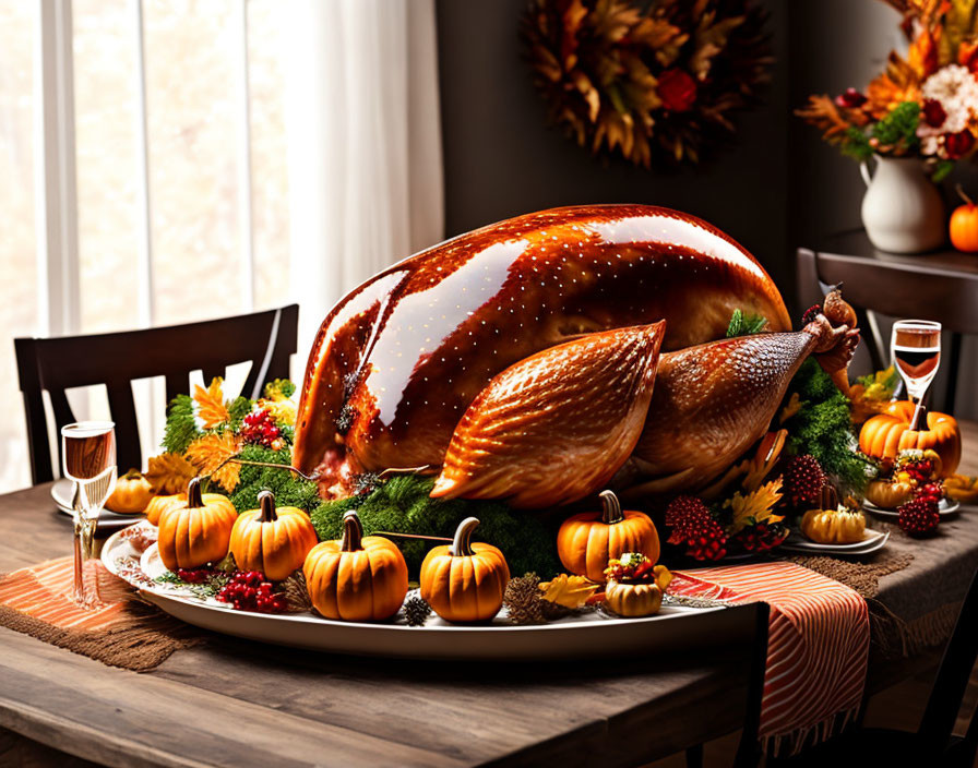 Golden-brown roasted turkey centerpiece with autumn decor for Thanksgiving feast