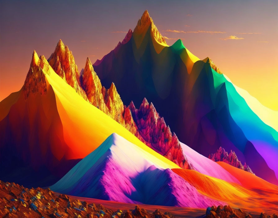 Digitally altered image: Vibrant mountain peaks with surreal gradient colors