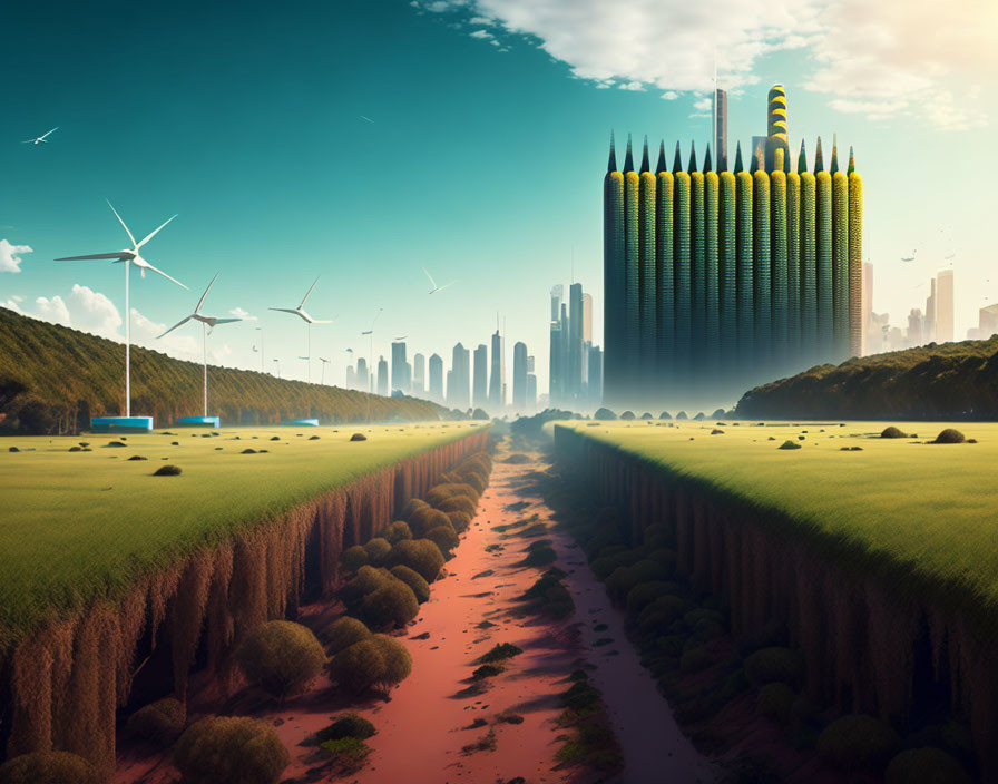 Futuristic cityscape with skyscrapers, wind turbines, greenery, and red pathway