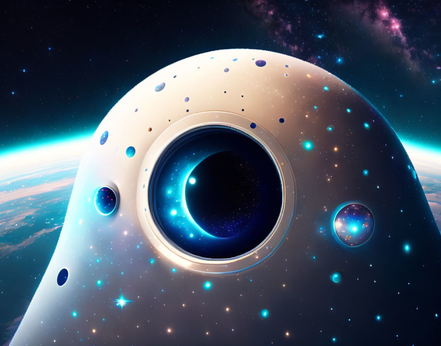 Surreal cosmic digital artwork with dome-like celestial body and portal