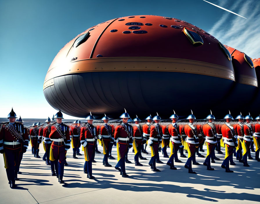 Uniformed soldiers march with futuristic airship in sky