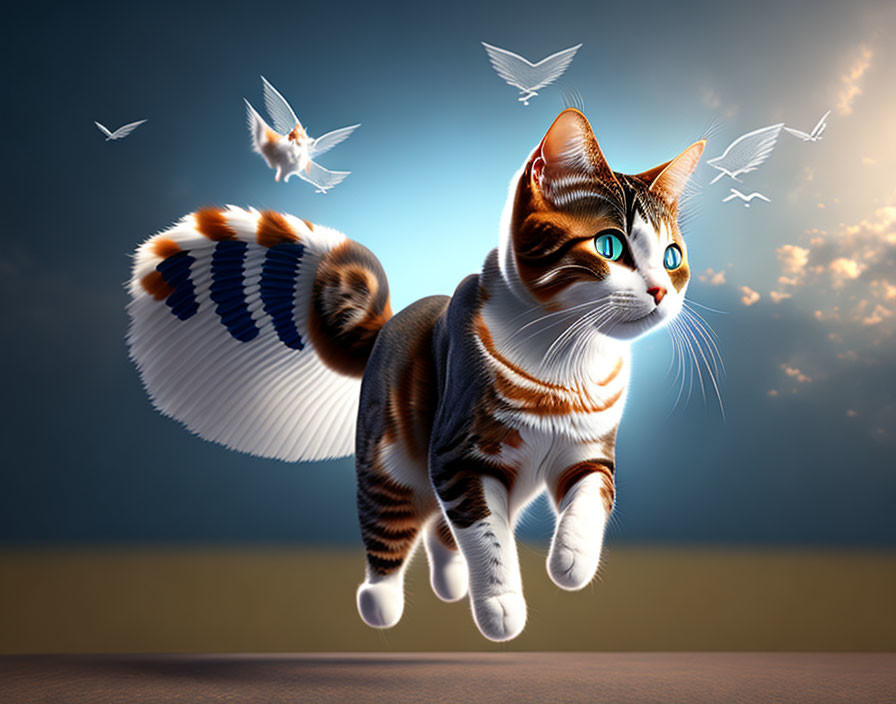 Illustration of winged cat flying with birds in sky