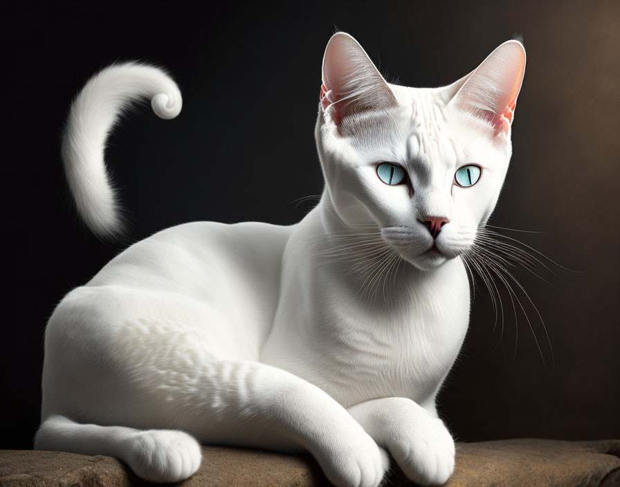 White Cat with Blue Eyes and Whiskers Lying Down on Dark Background