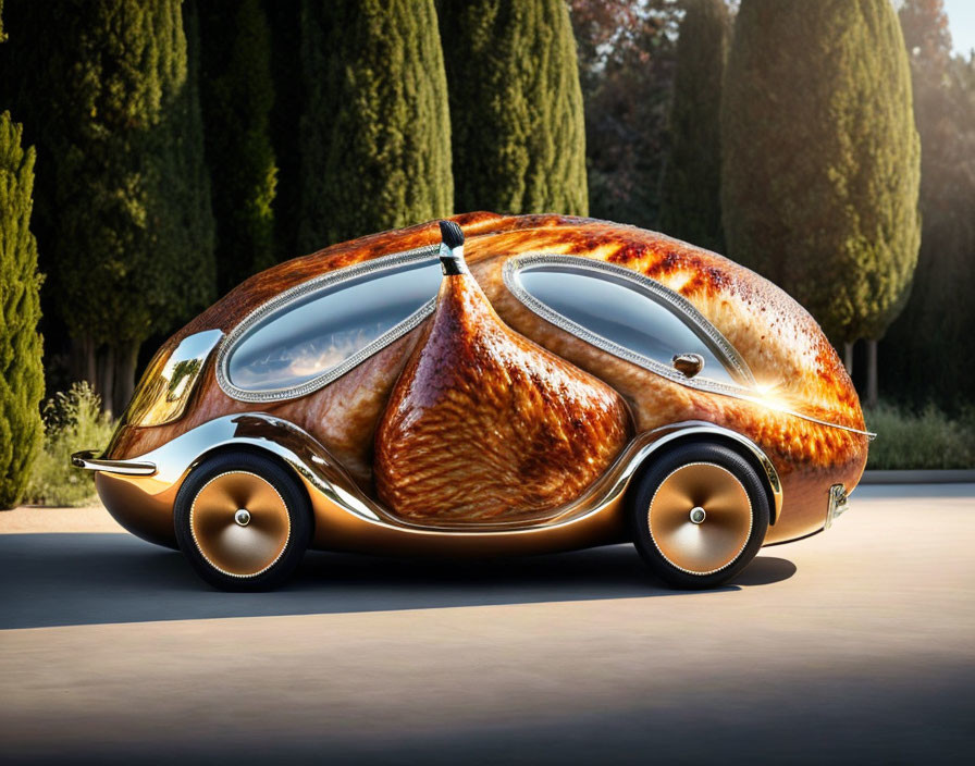 Turkey-themed car with drumstick-shaped features parked on road amid greenery