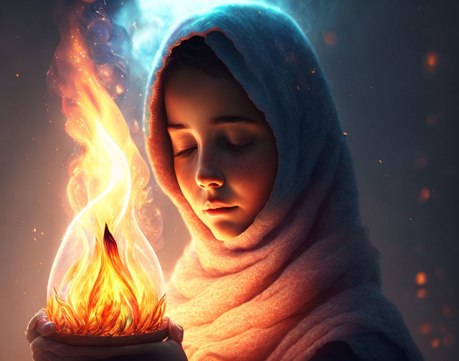 Person in Blue Cloak Holds Fiery Flame with Embers Floating