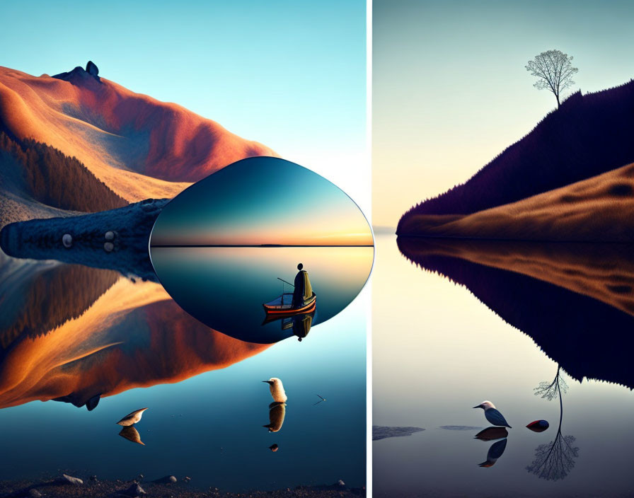 Diptych merging landscapes: man rowing boat on water next to serene lake with rolling hills.