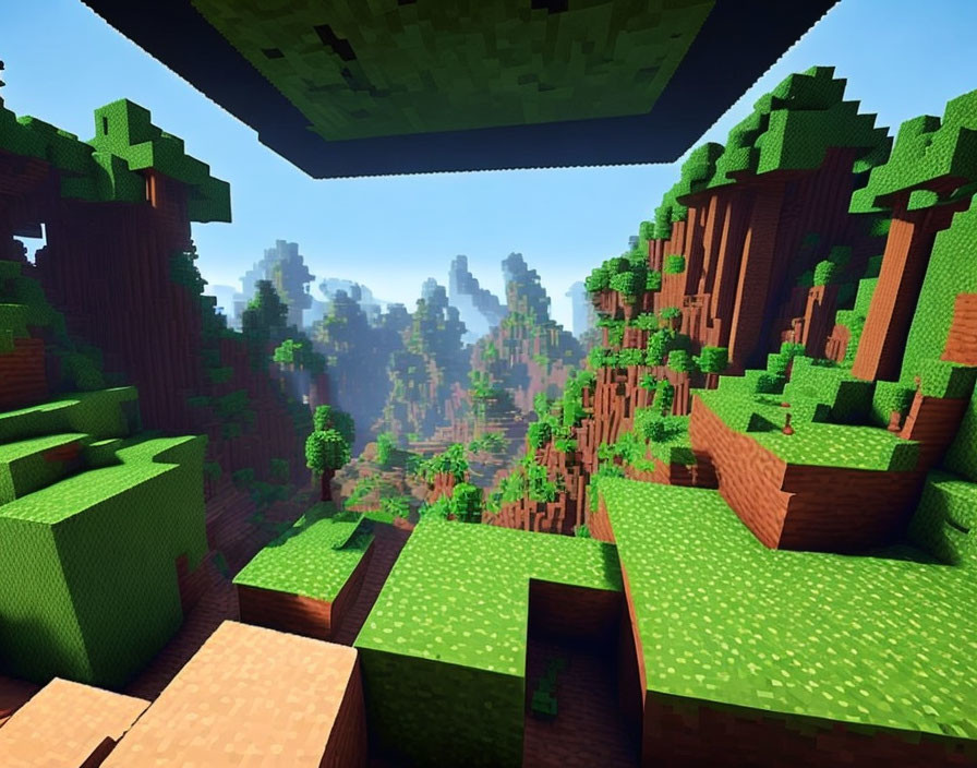 Blocky green terrain with trees and grass under a blue sky in Minecraft