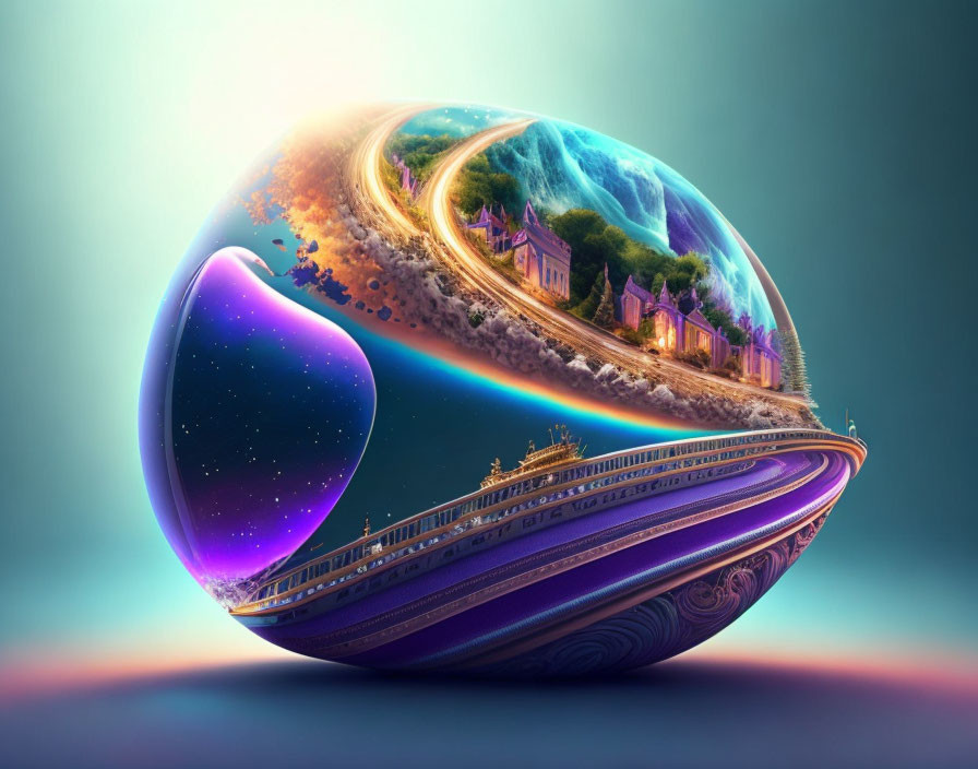 Surreal capsule-shaped object with fantasy landscape and starry sky.