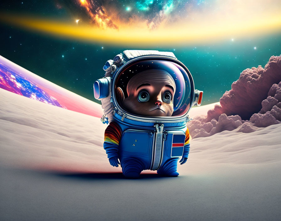 Colorful Nebula Background with Small Astronaut on Celestial Body