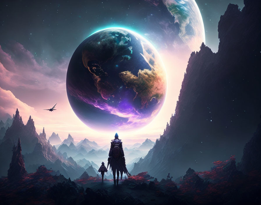 Fantastical landscape with towering rocky formations and surreal planets under twilight sky