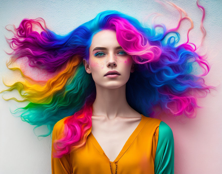 Vibrant rainbow-colored hair on woman with bright eyes and contemplative expression