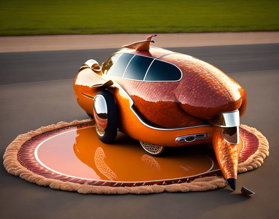 Roasted turkey car with drumstick wheels on gravy surface and braided rug