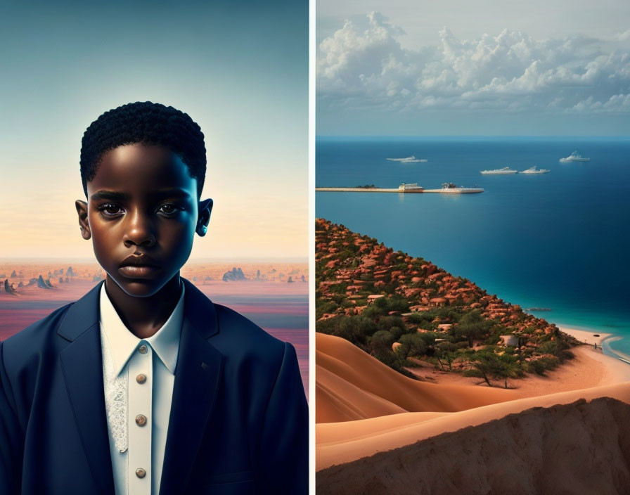 Young boy in blue suit with digital desert and coastal landscape.