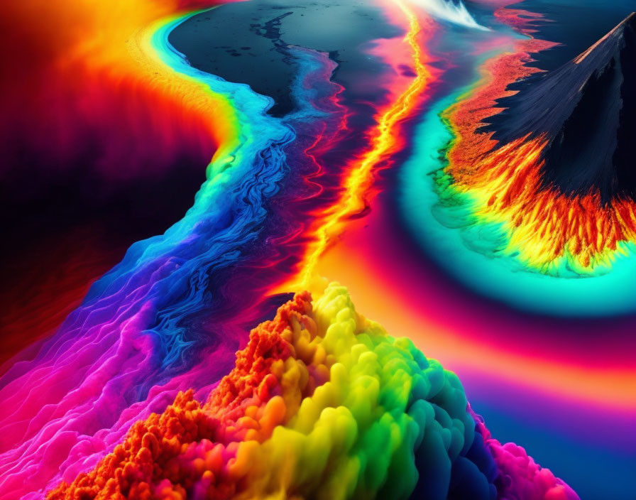 Colorful digital art: Neon lava textures merging into dark sea with fiery horizon