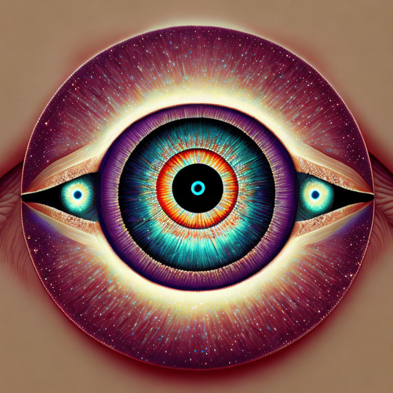 Vibrant large eye with symmetrical smaller eyes on warm starburst background