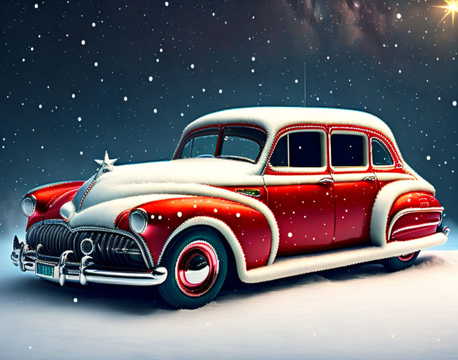 Vintage Red and White Car Covered in Snow Against Snowy Night Sky