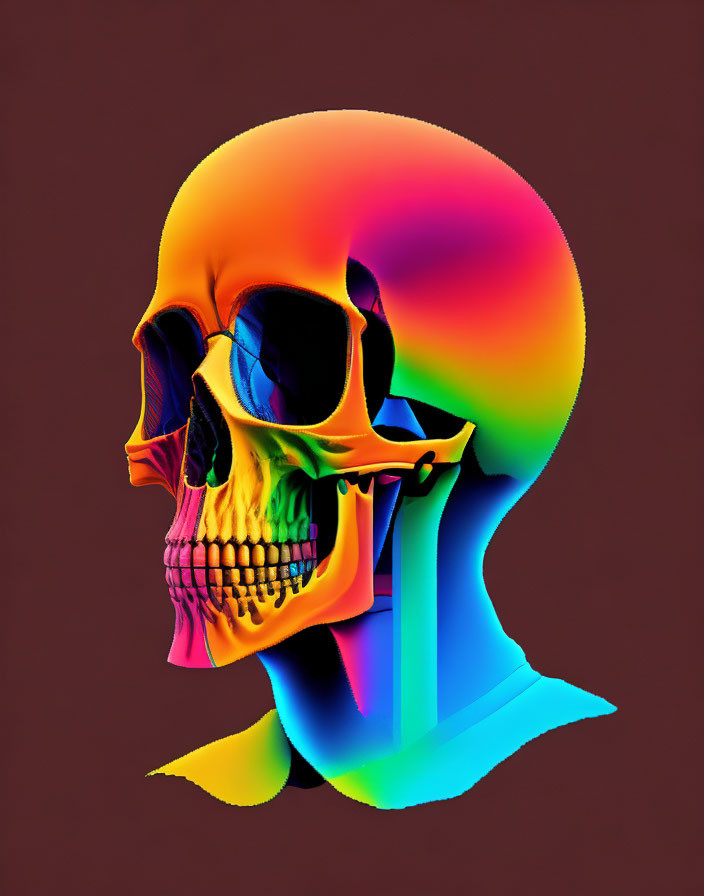 Multicolored neon skull art on brown background