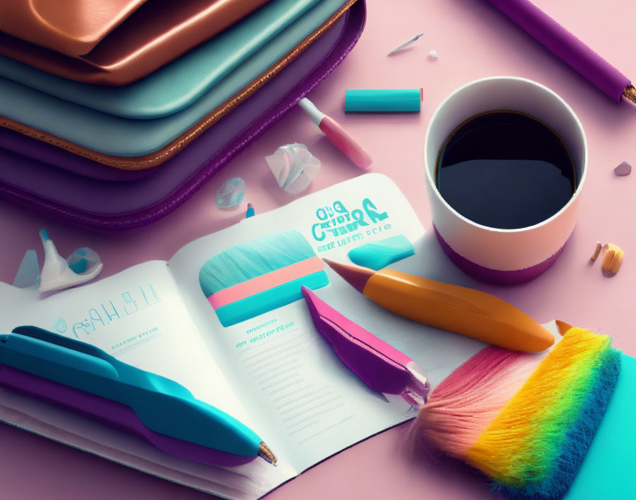 Colorful typography magazine beside coffee cup, teal pen, highlighter, and duster on pink background