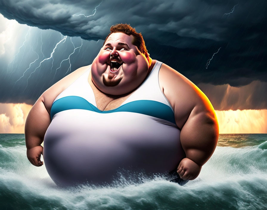 Overweight character in swimsuit on stormy ocean waves and lightning.