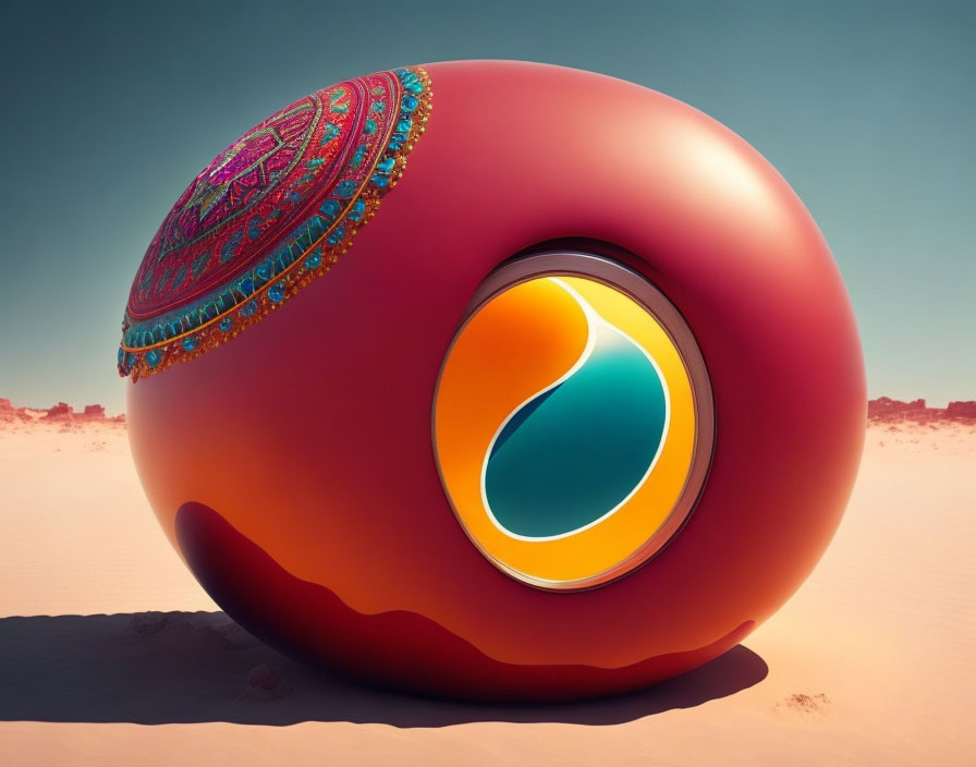 Large red sphere with teal-and-orange yin-yang symbol in desert