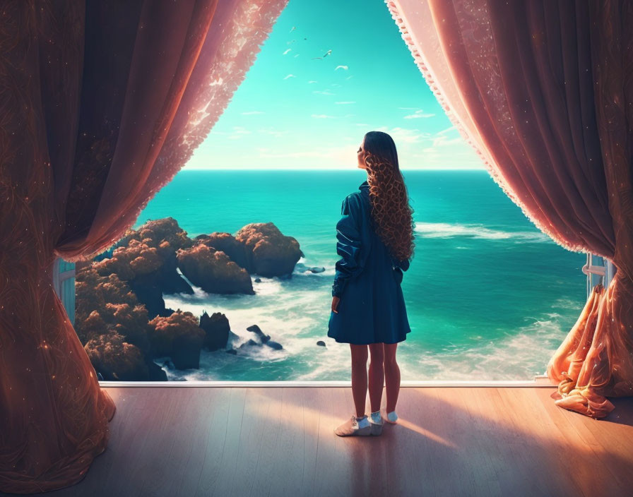 Woman in Blue Dress Admiring Ocean View from Window