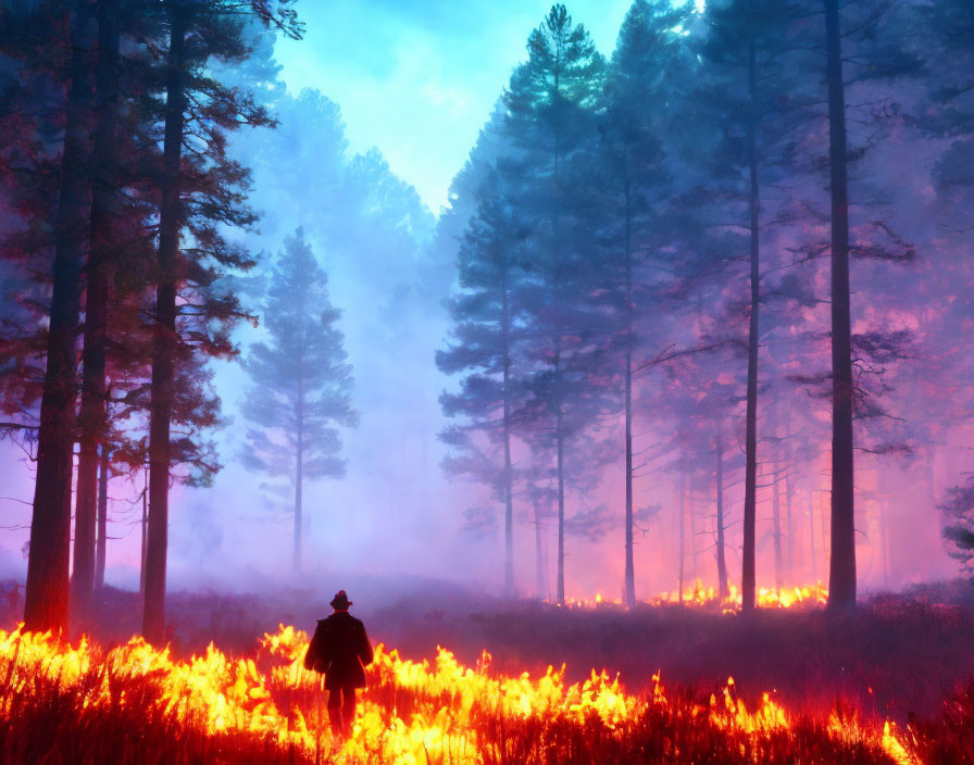 Silhouetted figure in front of forest fire at dusk