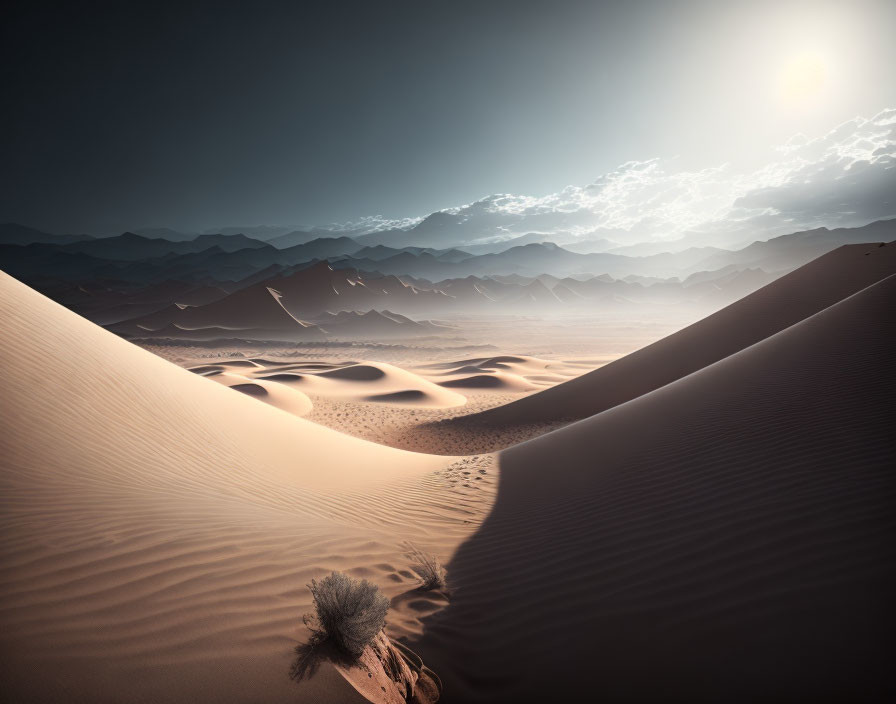 Vast desert landscape with sand dunes, shrub, and mountains under hazy sky