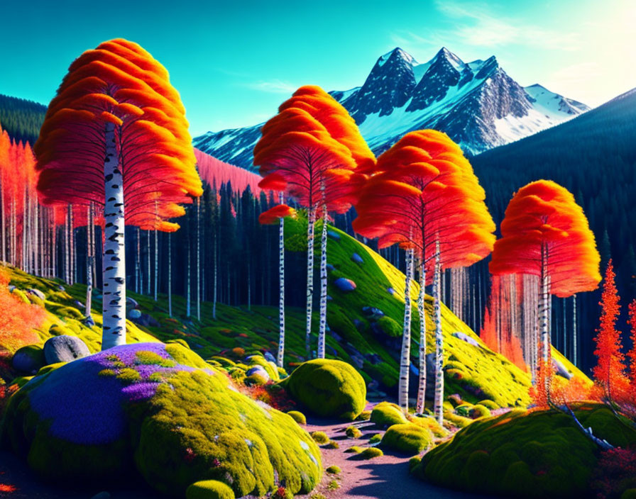 Colorful Fantasy Landscape with Mushroom-like Trees and Snow-capped Mountains