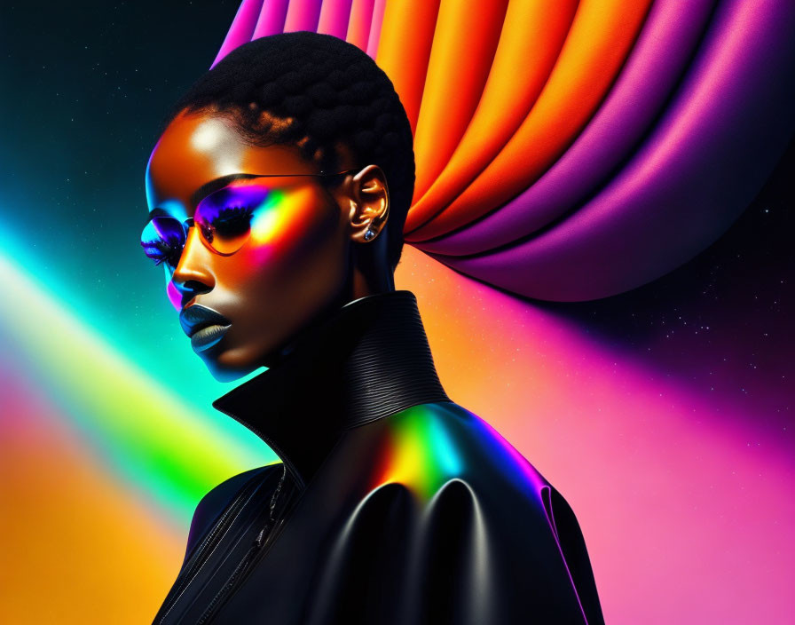 Colorful portrait of woman with braided hair and rainbow sunglasses on abstract background