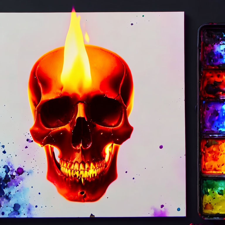 Colorful Flaming Skull with Watercolor Palette and Paint Splatters