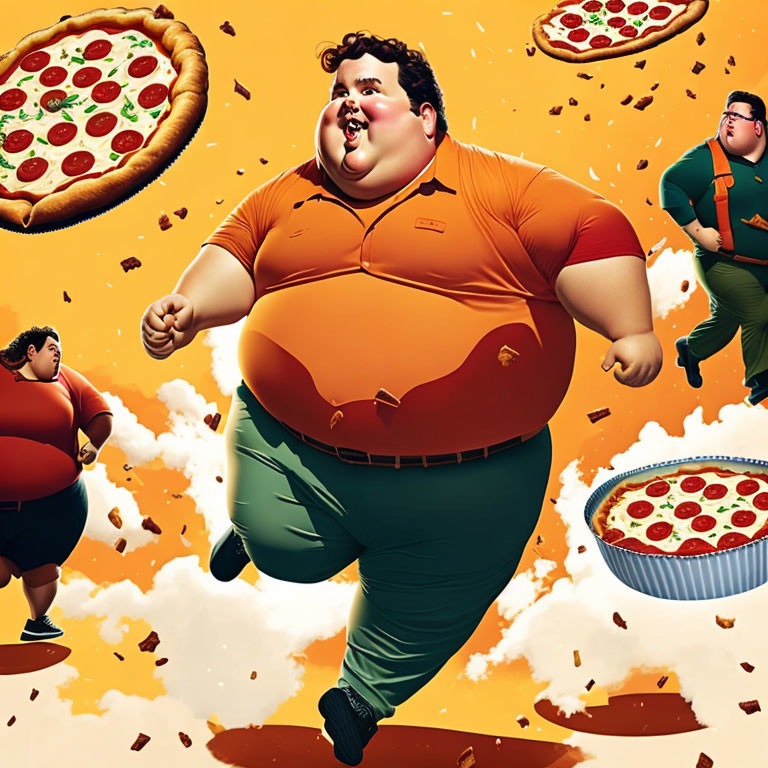 Multiple oversized boys in green clothes running with flying pizza slices on orange backdrop