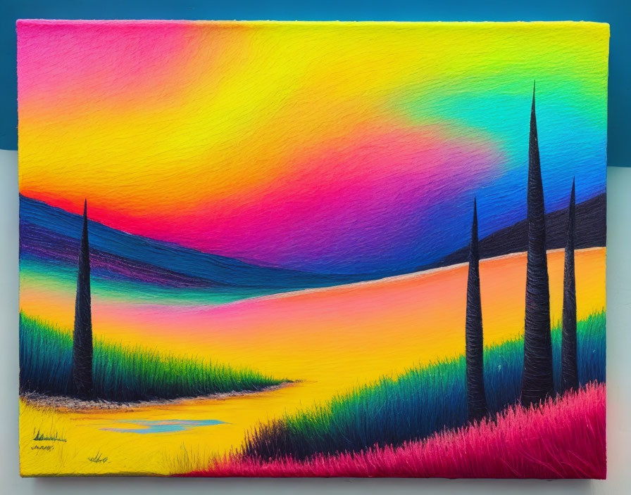 Colorful Landscape Painting with Gradient Sky and Stylized Greenery