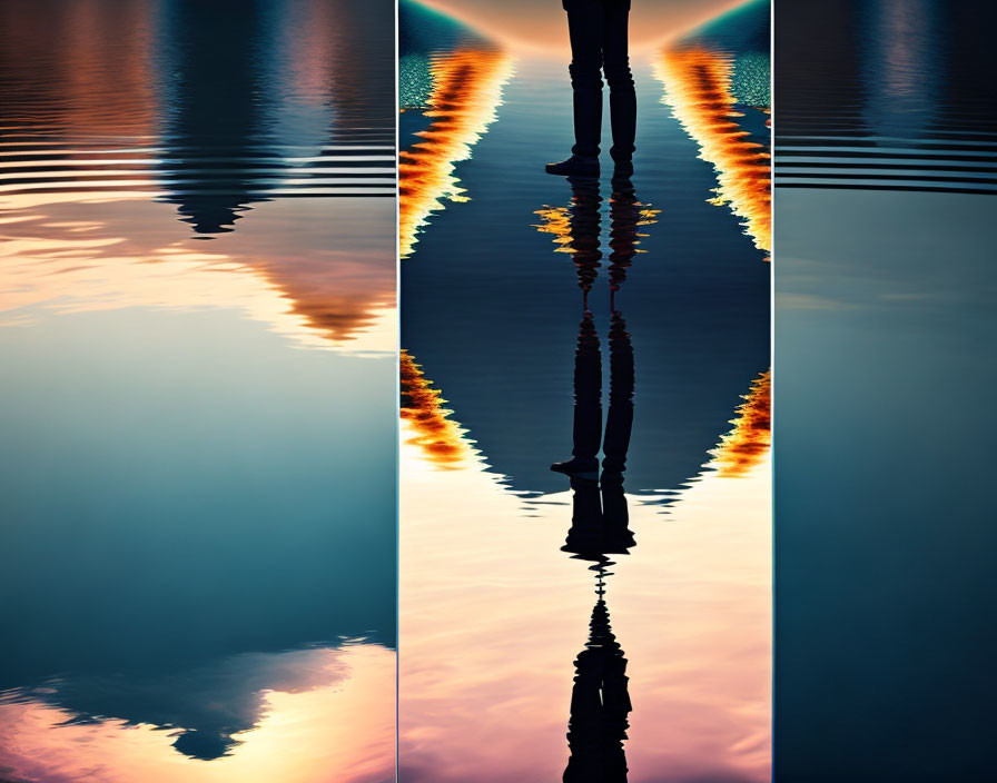 Vertical Triptych: Tranquil Water Reflections of Sunset, Figure, and Spired Structure