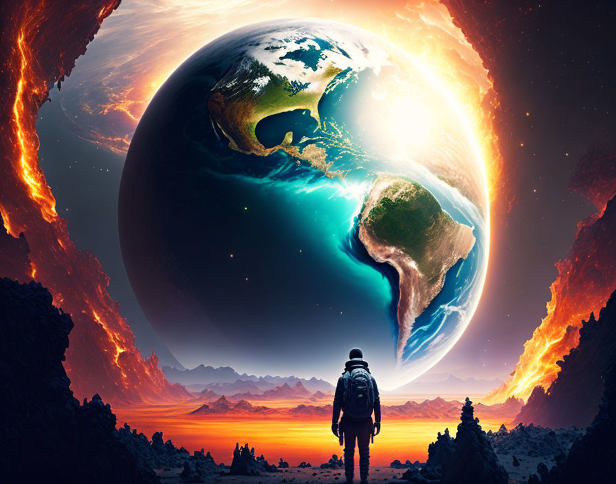 Surreal artwork featuring person, oversized Earth, fiery horizon, blending day and night