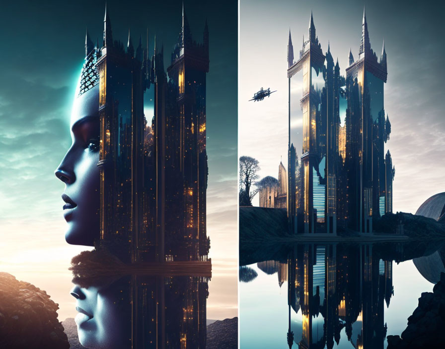 Split image of woman's profile fused with futuristic cityscape and reflection, creating face with structures and flying