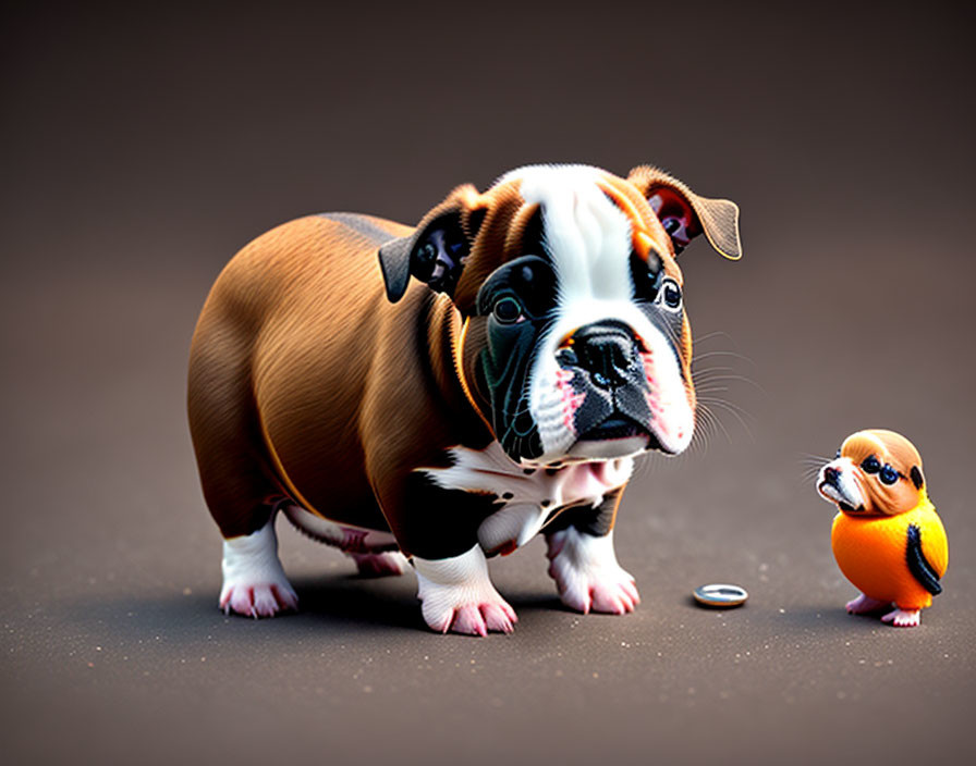 Curious Bulldog Puppy with Round-Bodied Bird