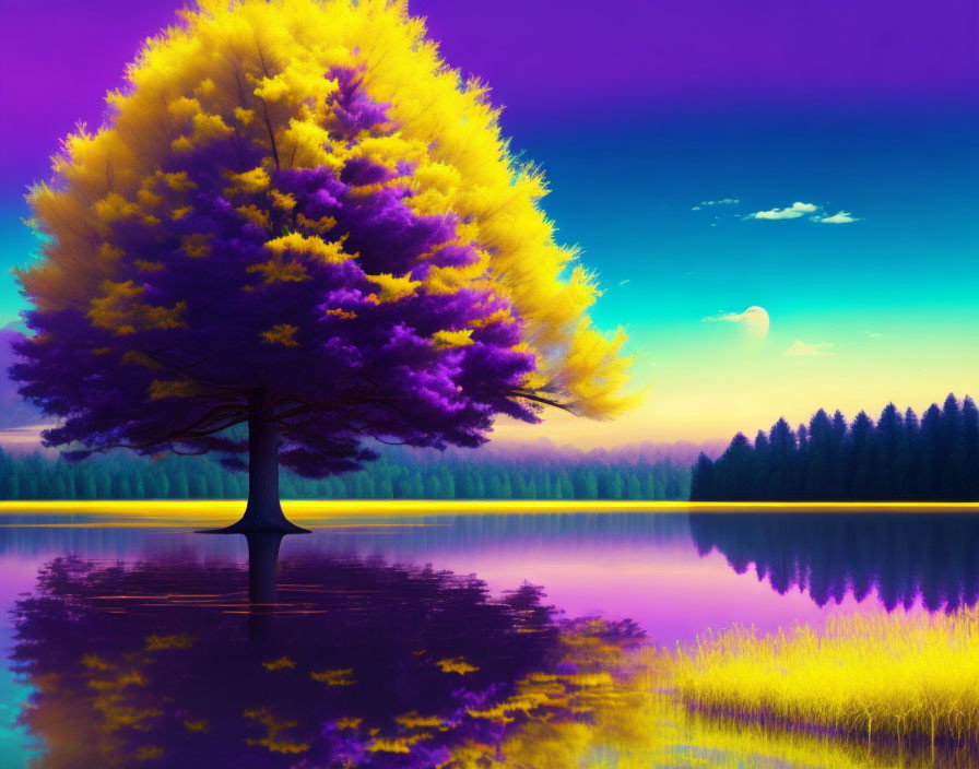 Colorful tree with yellow and purple leaves mirrored in water under crescent moon.