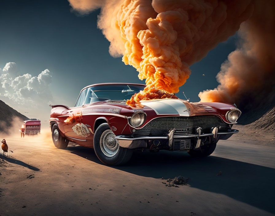 Vintage car on desert road with dramatic orange smoke under clear blue sky