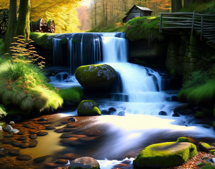 Tranquil waterfall scene with watermill and lush greenery