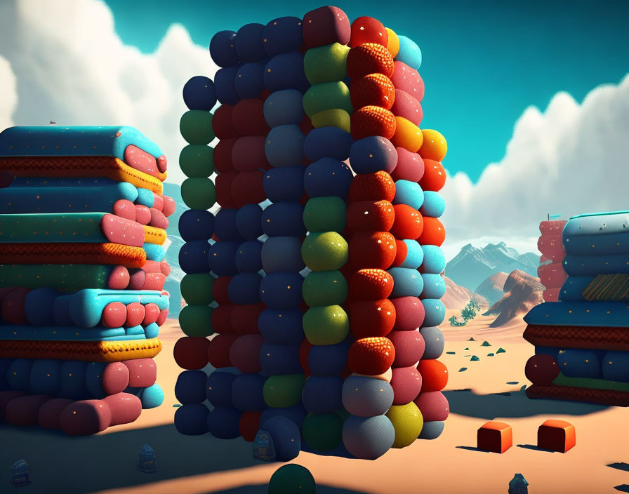 Vibrant landscape with oversized candy-like structures under blue sky