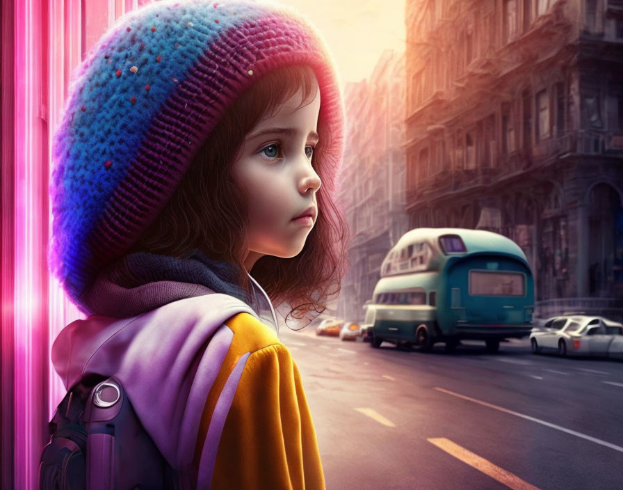 Young girl in colorful beanie gazes at neon-lit street with vintage cars