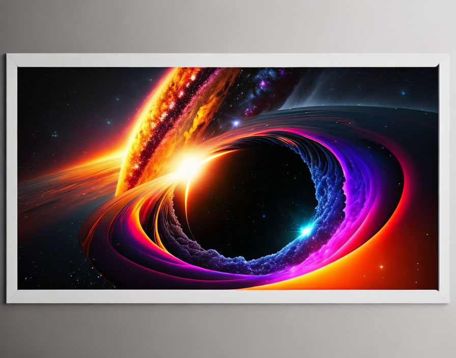 Colorful Cosmic Event Digital Artwork Displayed on Wall