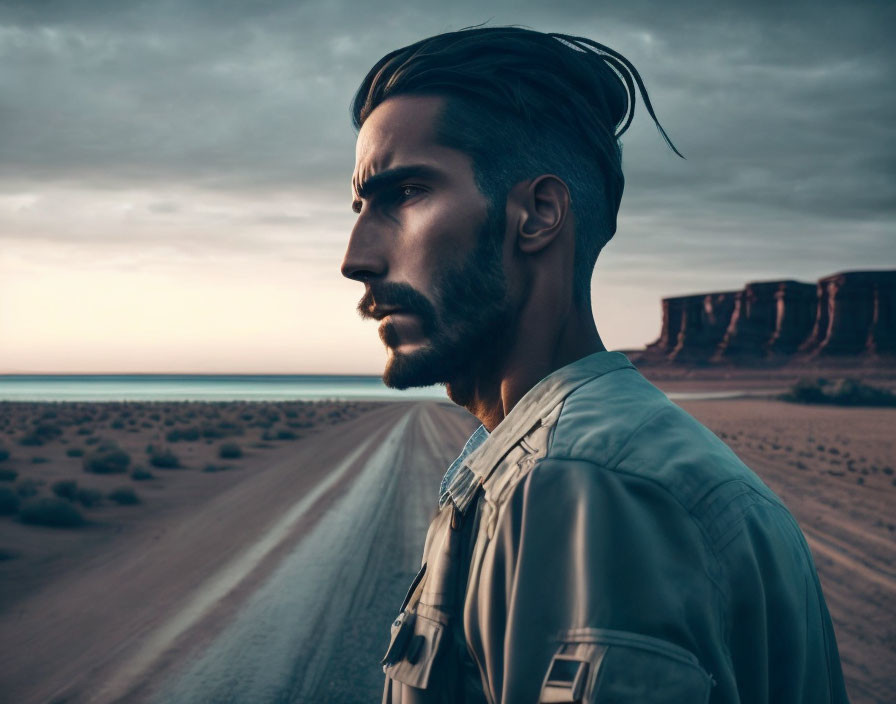 Bearded man with top knot in desert at dusk