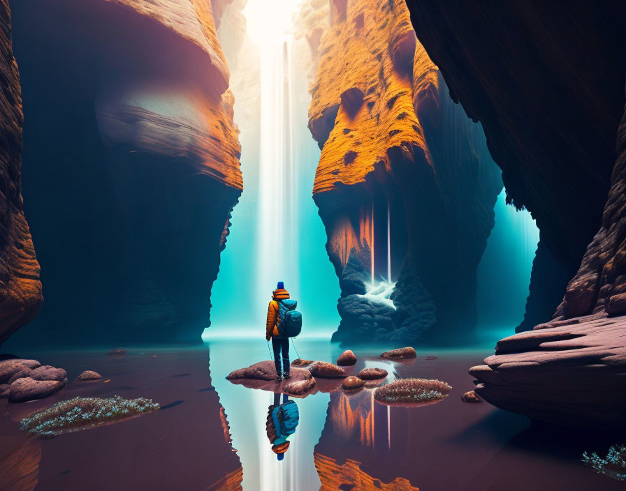 Person in hat gazes at narrow canyon waterfall