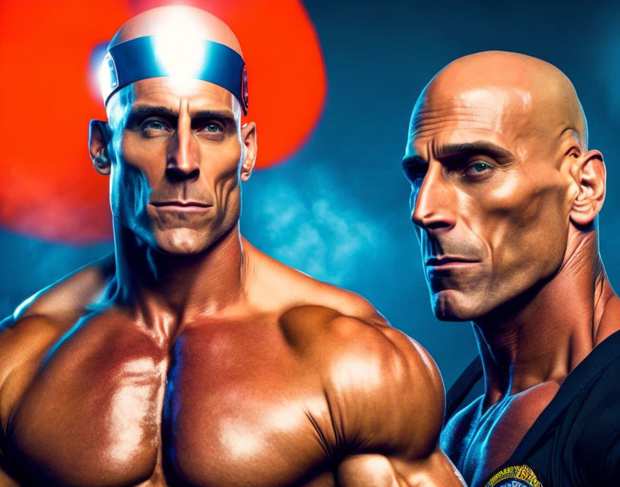 Two Muscular Men Back-to-Back in Dramatic Lighting